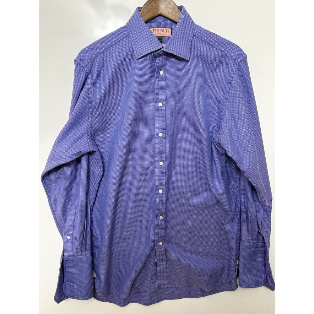 Thomas Pink Men's Shirt 16.5" 32.5" Blue Cotton Prestige Micro Check Long